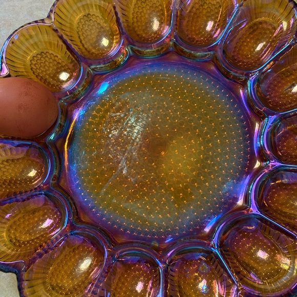Vintage Carnival Glass Amber Iridescent Deviled Egg Platter
